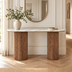 Mindoliny Marble Console Table product photo showing rounded top and twin fluted columns in a clean studio setting.