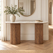 Mindoliny Marble Console Table product photo showing rounded top and twin fluted columns in a clean studio setting.