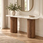 Alternate view of Mindoliny Marble Console Table, showing rounded top and twin fluted columns in a balanced home interior.