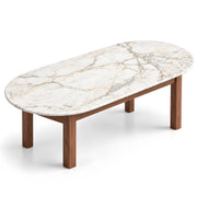 Mockilova Marble Coffee Table featuring oval top and four wood legs in a clear product photograph in a modern home setting.
