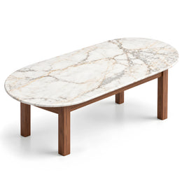 Mockilova Marble Coffee Table featuring oval top and four wood legs in a clear product photograph in a modern home setting.