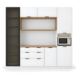 Alternate view of Morgeniya Kitchen Pantry Cabinet, showing drawers and display column for a modern bedroom interior.