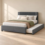 Morubby Charcoal Grey Kids Trundle Bed brings together charcoal grey upholstery and short dark feet in a sunlit bedroom.