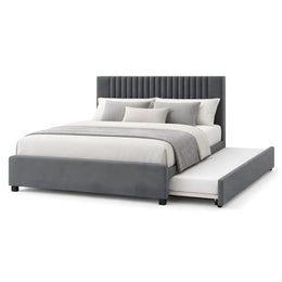 Morubby Charcoal Grey Kids Trundle Bed with charcoal grey upholstery and a plain padded footboard on a white background.