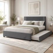 Morubby Charcoal Grey Kids Trundle Bed, with short dark feet and a vertical-channel headboard beside a bedroom window.