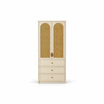 Mossylora Cane Cabinet Storage with Three Drawers shown with leaf-shaped pulls, three lower drawers and woven cane inserts.