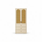 Mossylora Cane Cabinet Storage with Three Drawers shown with leaf-shaped pulls, three lower drawers and woven cane inserts.
