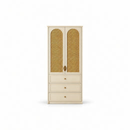 Mossylora Cane Cabinet Storage with Three Drawers shown with leaf-shaped pulls, three lower drawers and woven cane inserts.