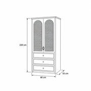 Mossylora Cane Cabinet Storage with Three Drawers: two arched cane doors in a line drawing marked 90 × 55 × 220 cm.