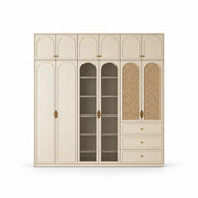 Mossylora Wardrobe with Storage Cabinet: cream arch-panel doors, a cane-front side section and a central glass section.