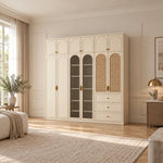 Mossylora Wardrobe with Storage Cabinet displays upper cupboards together with three lower drawers in a sunlit bedroom.