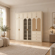Mossylora Wardrobe with Storage Cabinet displays upper cupboards together with three lower drawers in a sunlit bedroom.