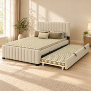 Movcopper Beige Kids Trundle Bed featuring small dark feet alongside black trundle pull handles beside a bedroom window.