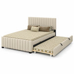 Movcopper Beige Kids Trundle Bed, with rounded padded channels and black trundle pull handles against a white backdrop.