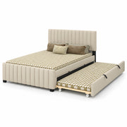 Movcopper Beige Kids Trundle Bed, with rounded padded channels and black trundle pull handles against a white backdrop.