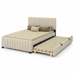 Movcopper Beige Kids Trundle Bed, with rounded padded channels and black trundle pull handles against a white backdrop.