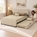 Movcopper Beige Kids Trundle Bed, rounded padded channels and small dark feet, with a woman arranging the extended underbed.