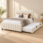 Movcopper Cream Kids Trundle Bed featuring black trundle pull handles alongside small dark feet in a furnished bedroom.