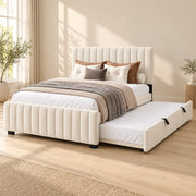 Movcopper Cream Kids Trundle Bed featuring black trundle pull handles alongside small dark feet in a furnished bedroom.