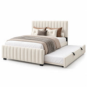 Movcopper Cream Kids Trundle Bed displays rounded padded channels together with small dark feet against a white backdrop.