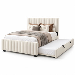 Movcopper Cream Kids Trundle Bed displays rounded padded channels together with small dark feet against a white backdrop.