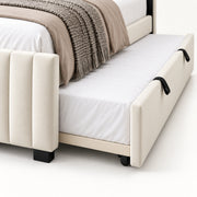 Movcopper Cream Kids Trundle Bed close view of black pull handles, the cream upholstered underbed front and small castors.