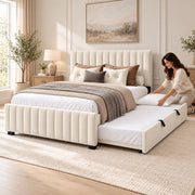 Movcopper Cream Kids Trundle Bed beside a woman making the pull-out bed; an extended side underbed and small dark feet.