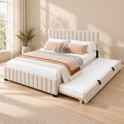 Movcopper Ivory Kids Trundle Bed combines black trundle pull handles with an extended side underbed in a sunlit bedroom.