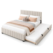 Movcopper Ivory Kids Trundle Bed with black trundle pull handles and an extended side underbed against a white backdrop.