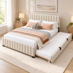 Movcopper Ivory Kids Trundle Bed displays small dark feet together with a matching padded frame beside a bedroom window.