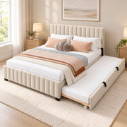 Movcopper Ivory Kids Trundle Bed displays small dark feet together with a matching padded frame beside a bedroom window.