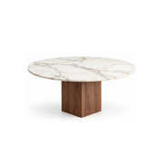Mushmely Marble Top 4-Seater Dining Table with grey surface veining and a circular dining surface on a white background.