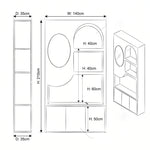 Narowi White Salon Product Display Stand dimension guide showing 140 W x 35 D x 210 H cm for salon layout planning.