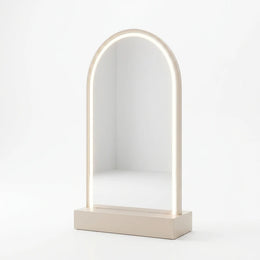 Alternate view of Natsukaro White LED Salon Mirror Station, showing integrated led lighting and arched full-length mirror.