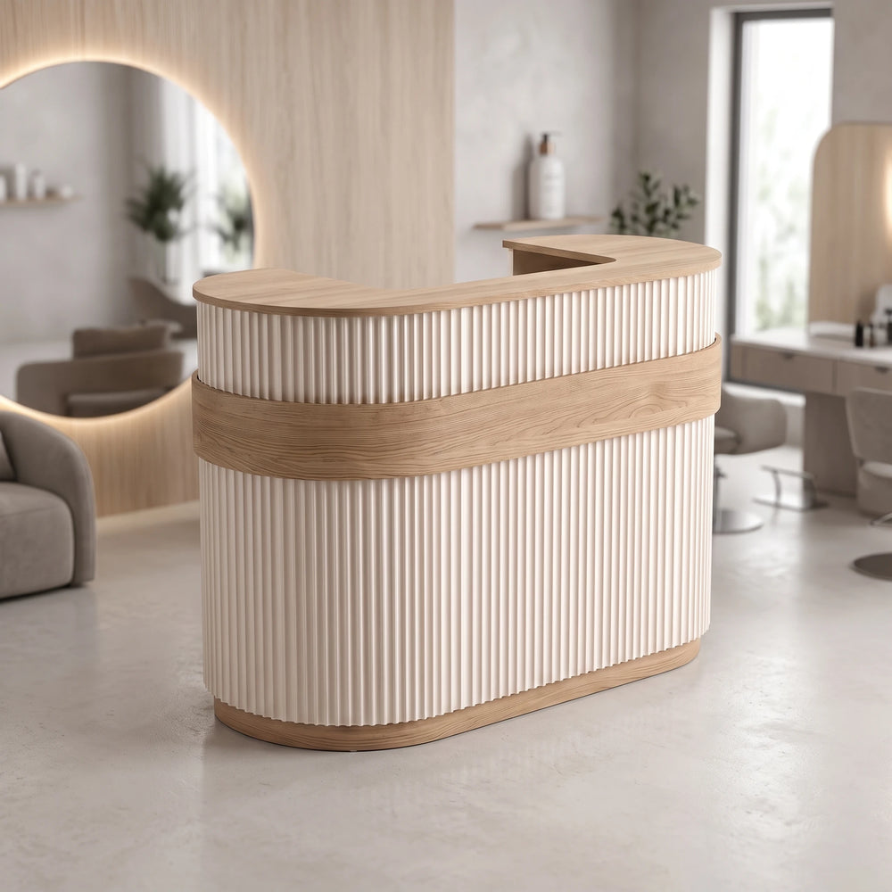 Nolmeny Fluted Salon Reception Desk featuring spacious countertop in a clear product photograph for a modern salon interior.