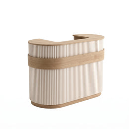 Second view of Nolmeny Fluted Salon Reception Desk, highlighting spacious countertop and open storage compartments.