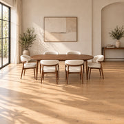 Nysoliny Wooden Oval 6-Seater Dining Table product view showing oval tabletop with a slim edge in a modern home setting.