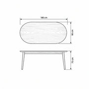 Nysoliny Wooden Oval 6-Seater Dining Table dimension guide showing 180 L x 90 D x 75 H cm for dining room layout planning.