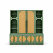 Oblisona Green 2 Door Storage Cabinet with Open Shelves, detailed with a deep lower cupboard base on a white background.