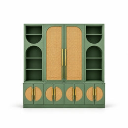 Oblisona Green 2 Door Storage Cabinet with Open Shelves, detailed with a deep lower cupboard base on a white background.