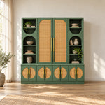 Oblisona Green 2 Door Storage Cabinet with Open Shelves beside a bedroom window, showing circular lower cane inserts.