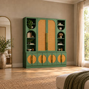 Oblisona Green 2 Door Storage Cabinet with Open Shelves featuring circular lower cane inserts beside a bedroom window.