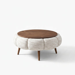 Alternate view of Octopump Round Upholstered Wooden Coffee Table, showing round design and cushioned upholstered body.