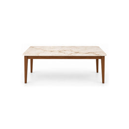 Olzenro Marble Top 6-Seater Dining Table: grey surface veining, softly rounded corners and tapered walnut-brown legs.