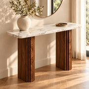 Onbrillo Marble Console Table product view showing grooved panel supports in a clean, contemporary entryway setting.