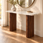 Close-up of Onbrillo Marble Console Table, highlighting marble Top with Engineered Wood for a modern entryway interior.