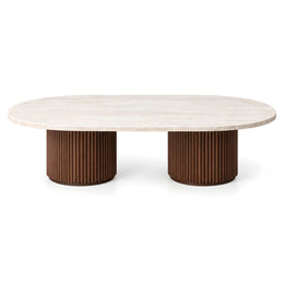 Alternate view of Openomiya Travertine Oval Coffee Table, showing elongated oval top and two cylindrical fluted bases.