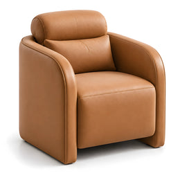 Orovuno Tan Leather Pedicure Chair showing a cylindrical headrest above a deep padded back, broad seat and rounded arms.