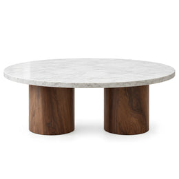 Alternate view of Orramina White Marble Coffee Table, showing round top, white marble-look surface, and two pedestal bases.