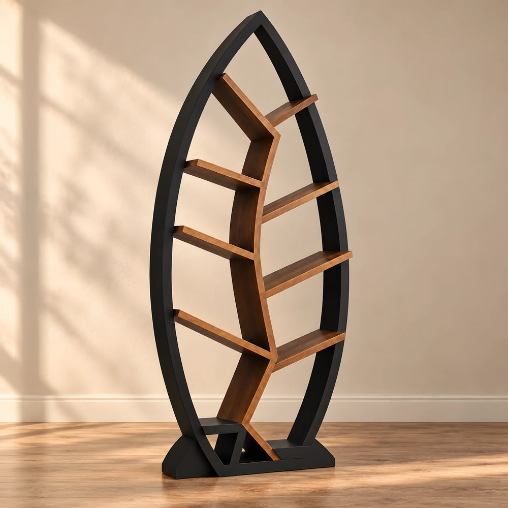Palmatey Wooden Bookshelf product view showing arched frame and multiple open shelves for a modern home office interior.